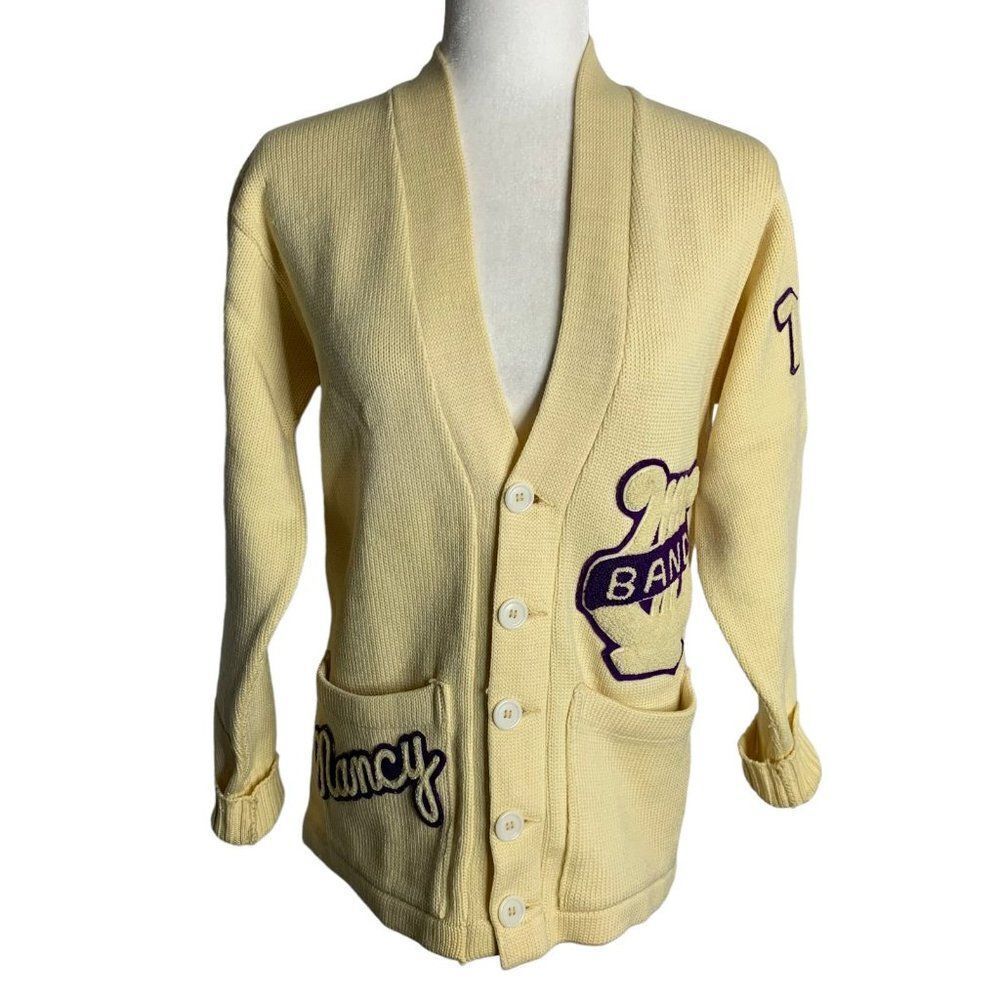 Vintage 70s Cardigan Varsity Sweater S Cream Wool Blend Pockets High School Band